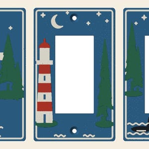 May include: A set of five rectangular light switch plates featuring blue backgrounds with night sky motifs, including moons, stars, green pine trees, red and white lighthouses, water waves, and small boats. One plate features a blue and white striped pattern.