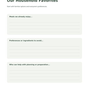 May include: A white planning sheet titled Grow & Glow Collection and Our Household Favorites. It features three light gray rectangular sections with horizontal lines for writing, labeled Meals we already enjoy, Preferences or ingredients to avoid, and Who can help with planning or preparation. The bottom includes the text Dinner? Done! | Grow & Glow Collection and the page number 3/12.