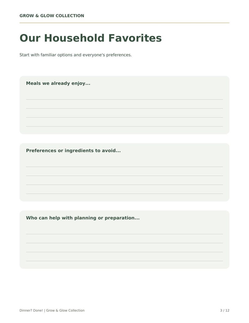 May include: A white planning sheet titled Grow & Glow Collection and Our Household Favorites. It features three light gray rectangular sections with horizontal lines for writing, labeled Meals we already enjoy, Preferences or ingredients to avoid, and Who can help with planning or preparation. The bottom includes the text Dinner? Done! | Grow & Glow Collection and the page number 3/12.