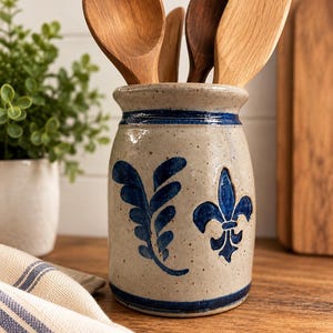 May include: A cylindrical ceramic utensil crock with a speckled beige finish, featuring hand-painted blue bands at the top and bottom, a blue fern-like leaf motif, and a blue fleur-de-lis emblem, holding several wooden kitchen spoons.