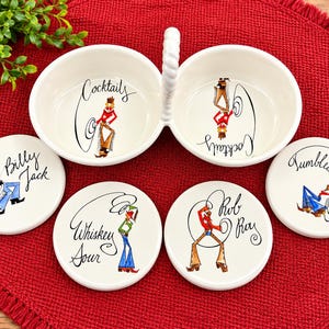 Pottery Barn Tie One On Ceramic Cocktail Set | Western Barware (Double Bowl & Coasters)