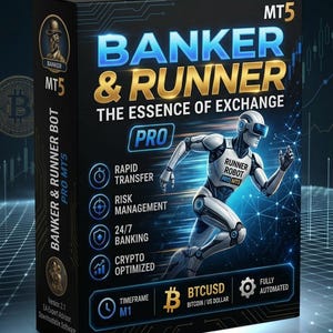 Puede incluir: Una caja de software rectangular negra para Banker & Runner MT5 Pro. El frente presenta una figura robótica blanca, texto en azul y dorado, e iconos para transferencia rápida, gestión de riesgos, banca 24/7 y optimización de criptomonedas.