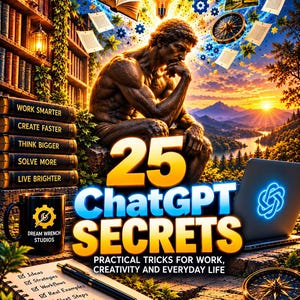 May include: A digital poster titled 25 ChatGPT SECRETS PRACTICAL TRICKS FOR WORK, CREATIVITY AND EVERYDAY LIFE. It features a bronze-toned thinker statue, a laptop with a glowing logo, a notebook with a pen, a compass, and a bookshelf with text.