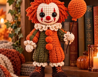 Puede incluir: Una muñeca payaso de ganchillo con pelo naranja brillante, cara color crema y grandes ojos negros. Lleva un mono verde y naranja con cuello de volantes, puños y tres pompones, y sostiene un globo naranja redondo con un hilo fino.