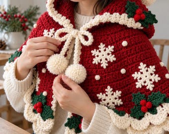 Patrón de ganchillo en PDF para capa navideña, capelina roja con capucha, copos de nieve de acebo y ribete festoneado color crema, atuendo festivo para las fiestas.