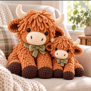Modèle PDF de vache Highland au crochet, paire de vaches amigurumi (grande et petite), vaches en peluche duveteuses avec nœuds, guides photos