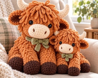 Highland Cow Crochet Pattern PDF, Large and Small Amigurumi Cow Pair, Shaggy Plush Cows with Bows, Photo Guides