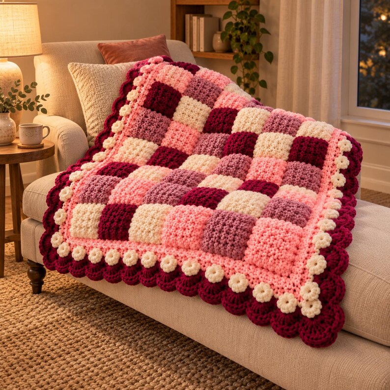 May include: A crochet blanket featuring a checkered pattern of squares in shades of cream, light pink, mauve, and deep burgundy. The blanket is finished with a scalloped border in burgundy and accented with small, cream-colored flower motifs.
