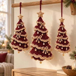 Modèle de sapin de Noël à étages bordeaux et or au crochet (PDF)