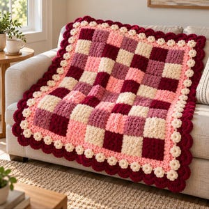 Patchwork Throw Crochet Pattern PDF, Padded Block Blanket with Bobble and Scallop Border, Rosewood Colors, 5 Visual Guides