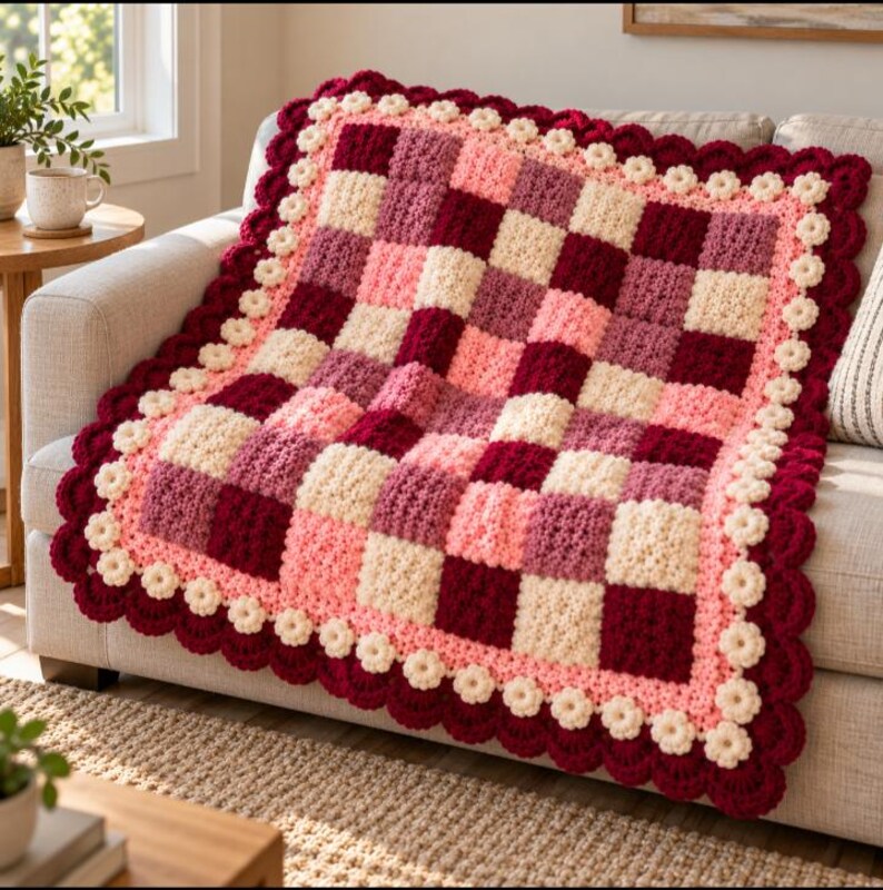 Patchwork Throw Crochet Pattern PDF, Padded Block Blanket with Bobble and Scallop Border, Rosewood Colors, 5 Visual Guides image 1