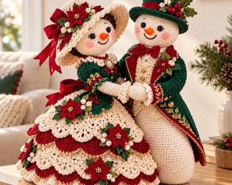 Patrón de ganchillo en PDF para pareja de muñecos de nieve, muñecos navideños victorianos con falda de encaje, gorro y sombrero de copa, decoración navideña, 5 guías visuales.