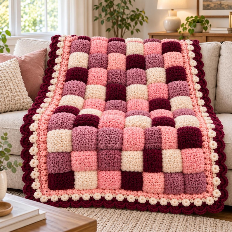 May include: A handmade crochet blanket featuring a grid of plush, square-shaped puffs in shades of cream, light pink, mauve, and deep burgundy. The blanket is finished with a decorative scalloped border in cream and dark burgundy yarn.