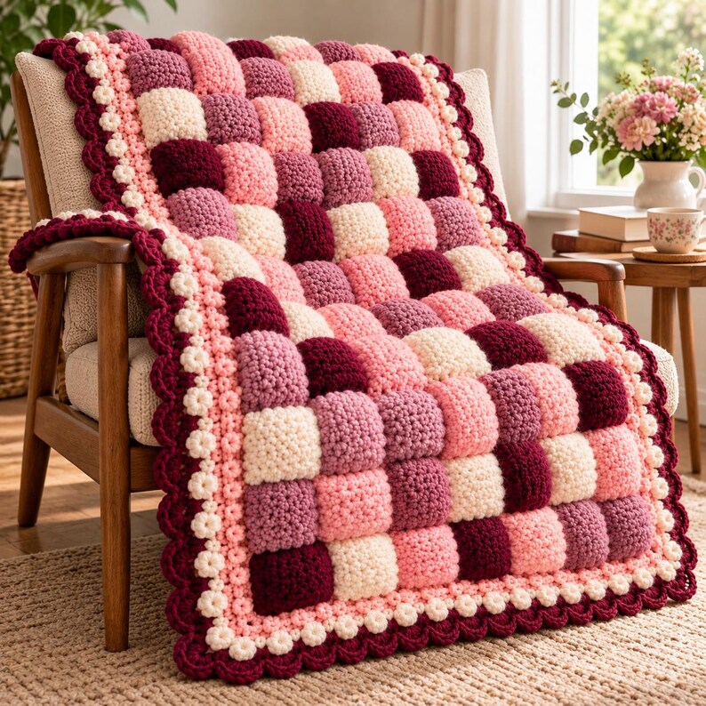 May include: A crochet blanket featuring a checkered pattern of raised, puffy squares in shades of cream, light pink, mauve, and deep burgundy. The blanket is finished with a decorative scalloped border of small cream-colored flowers.