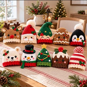 Modèle de bonnet de Noël au crochet avec personnages (PDF, 10 modèles, téléchargement numérique)