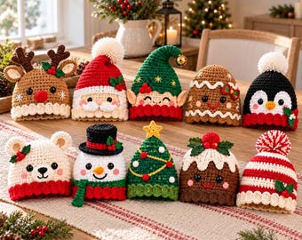 Christmas Character Hat Crochet Pattern PDF, 10 Designs (Digital Download)