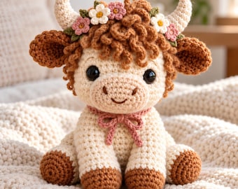 Patrón de ganchillo en PDF de vaca de las Tierras Altas, vaca florecida con corona de flores de pelo rizado y lazo rosa, decoración rústica y regalo hecho a mano.