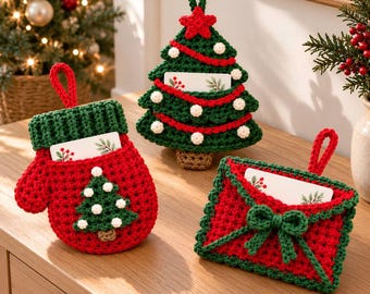 Patrón en PDF para portatarjetas de regalo de ganchillo, juego de guante y sobre con forma de árbol de Navidad, guía de bolsillo ilustrada para regalos navideños.