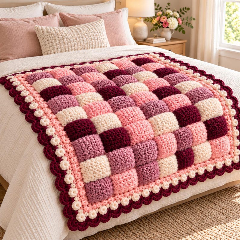 May include: A handmade crochet blanket featuring a textured, three-dimensional puff stitch pattern in a checkerboard arrangement. The blanket displays alternating squares of cream, light pink, mauve, and deep burgundy, finished with a scalloped border.