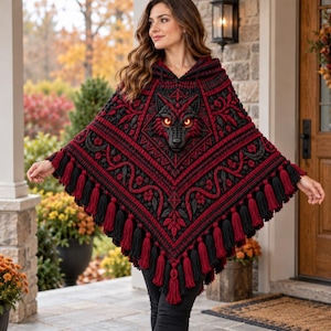 Modèle PDF au crochet d'un poncho à capuche loup, cape gothique noire et bordeaux avec détails de loup sculptés, guide illustré avancé