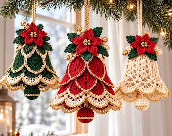 Christmas Bell Crochet Pattern PDF, Poinsettia Tree Ornament with Layered Panels and Lace Hem, Hanging Bauble Holiday Decor