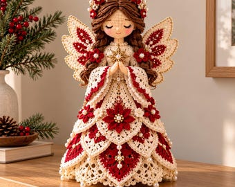 Patrón de ganchillo en PDF para ángel navideño, ángel orando carmesí y perla con alas de vestido en capas y corona floral, decoración navideña.
