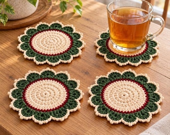 Patrón de ganchillo en PDF para posavasos navideños, posavasos con flores festoneadas y borde de picot, decoración festiva para la mesa y regalos hechos a mano.