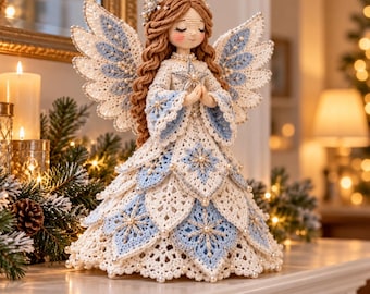 Patrón de ganchillo en PDF para ángel navideño, ángel copo de nieve invernal con alas de vestido en capas y halo de perlas, decoración navideña hecha a mano.