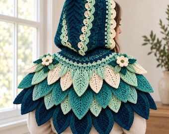 Patrón de ganchillo en PDF para capa corta con capucha, capa con estampado de hojas de bosque, capucha puntiaguda y flores, chal para adulto en color verde azulado, menta y crema, 5 guías visuales.