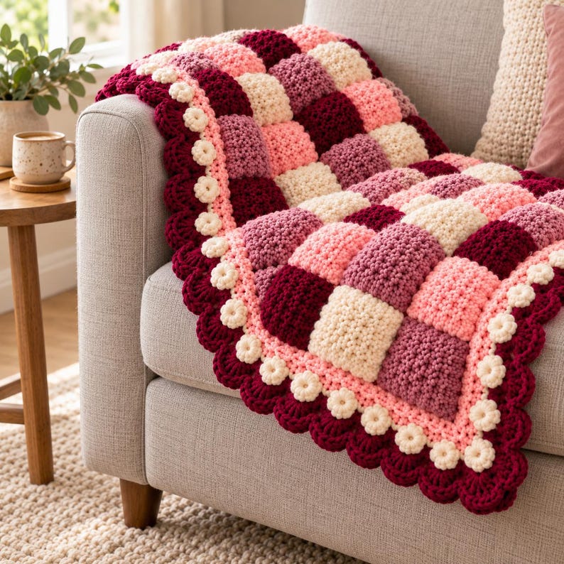 May include: A handmade crochet blanket featuring a checkered pattern of cream, light pink, mauve, and deep burgundy squares. The edges are finished with a scalloped border accented by small, cream-colored crocheted flower motifs.