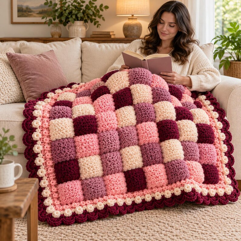May include: A handmade crochet blanket featuring a checkered pattern of plush, raised squares in shades of cream, light pink, mauve, and deep burgundy. The blanket is finished with a scalloped border in cream and dark burgundy yarn.