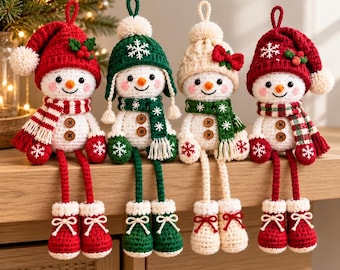 Patrón de ganchillo en PDF para muñeco de nieve, cuatro adornos navideños festivos con piernas colgantes, muñecos de nieve amigurumi para decoración invernal y regalos hechos a mano.