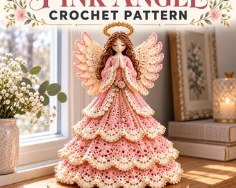 Weihnachtsengel-Häkelanleitung (PDF), betender Engel in Rosa und Elfenbein mit mehrlagigem Gewand, Federflügeln und goldenem Heiligenschein, Weihnachtsdekoration