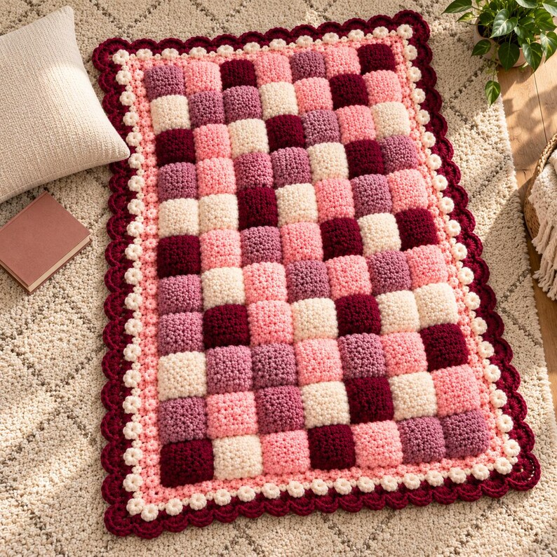 May include: A rectangular crochet rug featuring a checkered pattern of raised, puffy squares in shades of cream, light pink, mauve, and deep burgundy. The rug is finished with a decorative scalloped border in cream and dark burgundy.