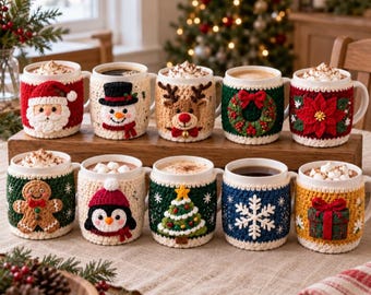 Paquete de patrones de ganchillo para fundas de tazas navideñas, 10 diseños festivos para fundas de tazas, Papá Noel, muñeco de nieve, reno y más, regalos navideños hechos a mano.