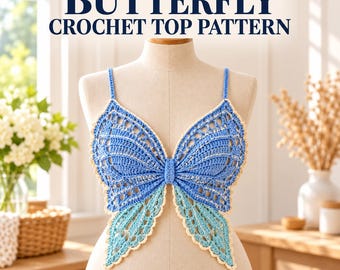 Häkelanleitung für ein Schmetterlings-Top (PDF), blaues und türkisfarbenes Spitzen-Crop-Top mit elfenbeinfarbener Picot-Borte und Rückenbändern, Sommer-Festival-Outfit