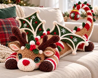 Christmas Dragon Crochet Pattern PDF, Holly Wing Reindeer Dragon with Antlers and Striped Paws, Illustrated Amigurumi Guide