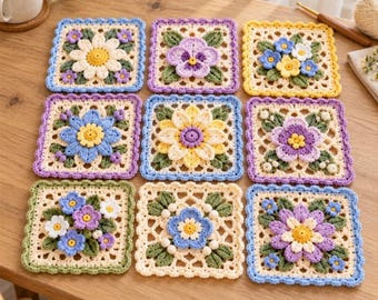 Patrón de ganchillo cuadrado floral de la abuela en PDF, 9 diseños de jardín en tonos pastel con margaritas, pensamientos y flores en relieve, 5 guías visuales.