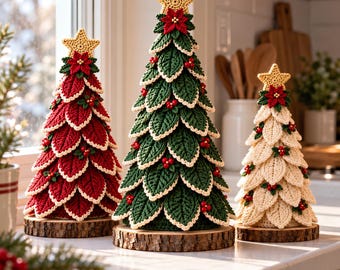 Patrón de ganchillo para árbol de Navidad en PDF, trío de árboles de Nochebuena en tres tamaños con ramas superpuestas y estrellas doradas, decoración navideña para la mesa.