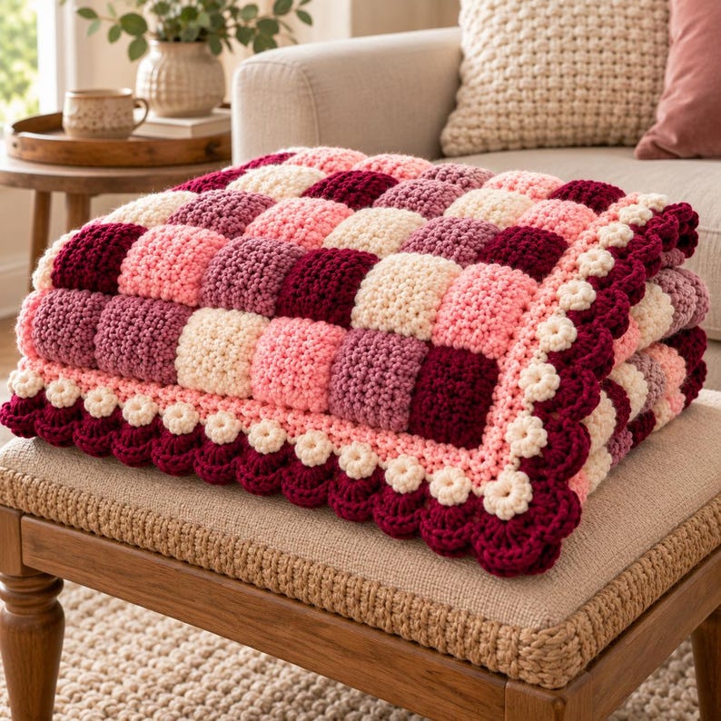 May include: A crochet blanket featuring a checkered pattern of square blocks in shades of cream, light pink, mauve, and deep burgundy. The blanket is finished with a decorative scalloped border composed of small cream-colored flower motifs.