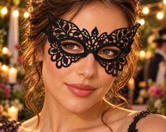 Masquerade Mask Crochet Pattern PDF, Black Botanical Butterfly Lace with Leaves Roses and Ribbon Ties, Gothic Costume Accessory
