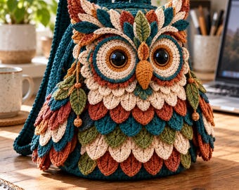 Owl Backpack Crochet Pattern PDF, Woodland Feather Bag with Botanical Crown and Drawstring Closure, Boho Handmade Accessory