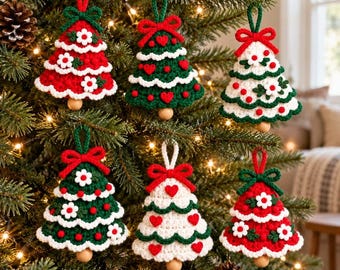 Patrón de ganchillo en PDF para adorno de árbol de Navidad, 6 diseños en capas con flores, corazones y lazos, decoración navideña festoneada, 5 guías visuales.