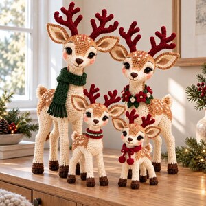 Modèle de renne au crochet (PDF), Amigurumi de Noël : famille de quatre personnes avec écharpes et couronne de fleurs, guide illustré de décorations de fêtes