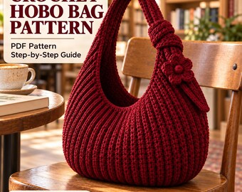 Hobo Bag Crochet Pattern PDF, Burgundy Ribbed Handbag with Knotted Strap and Flower, Everyday Shoulder Bag and Handmade Gift