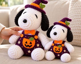 Patrón de ganchillo para pareja de cachorros, perros de Halloween, overoles morados (PDF)