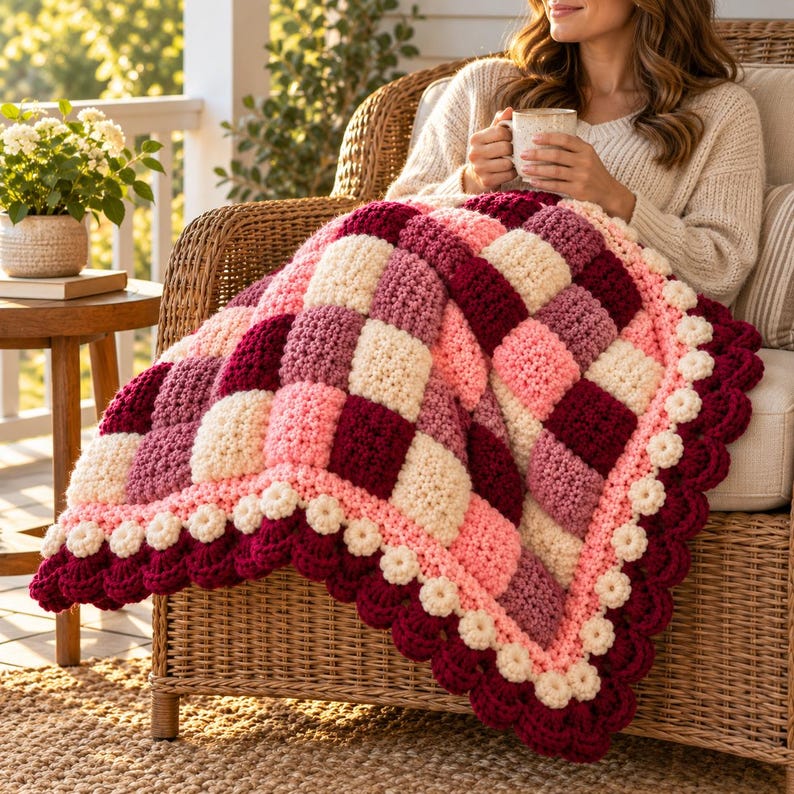 May include: A chunky crochet blanket featuring a checkered pattern in shades of cream, light pink, mauve, and deep burgundy. The blanket is finished with a decorative scalloped border in burgundy and small cream-colored floral accents.