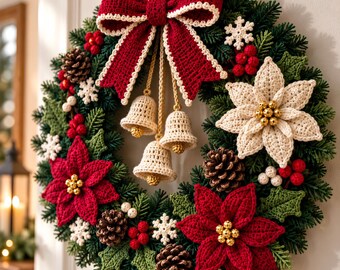 Patrón de ganchillo en PDF para corona navideña, con flor de Pascua, piñas y campanillas colgantes con lazo rojo. Decoración festiva para la puerta y regalo hecho a mano.