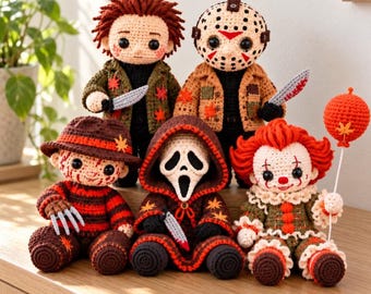 Paquete de patrones de ganchillo para muñecas de terror en PDF, 5 muñecas amigurumi de Halloween con atuendos otoñales, muñeca enmascarada de payaso y fantasma, 5 guías