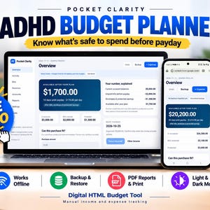 ADHD-budgetplanner: veilig uitgeven, salaris- en factuurregistratie | Offline digitale download | PDF-rapporten en afdrukken